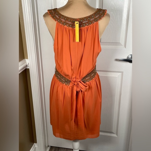 Alice + Olivia Mini Dress Orange Silk High Neck Beaded embroidered A-line Dress - Picture 5 of 8